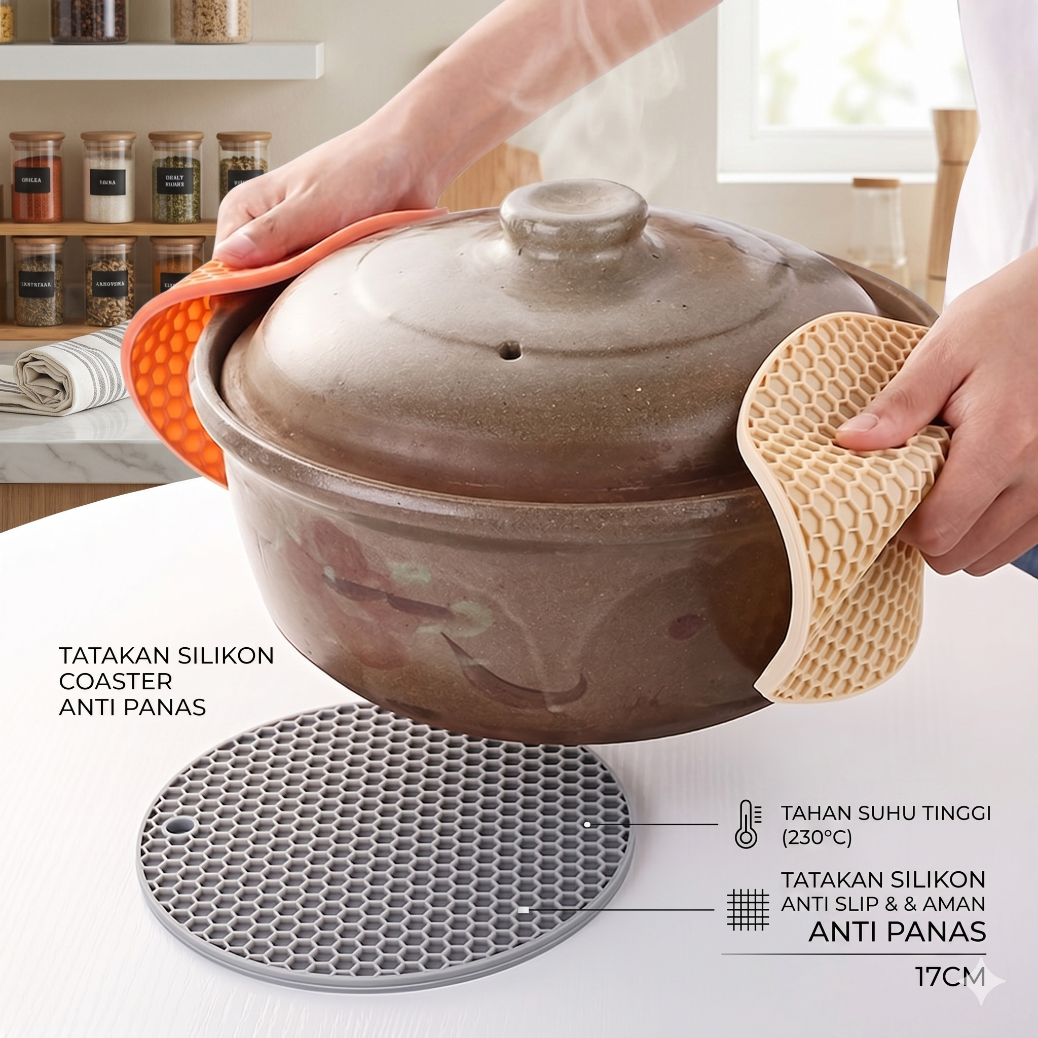 Tatakan Silikon Tahan Panas Set 2 Pcs 17cm – Lindungi Meja dari Panas, Tidak Mudah Geser