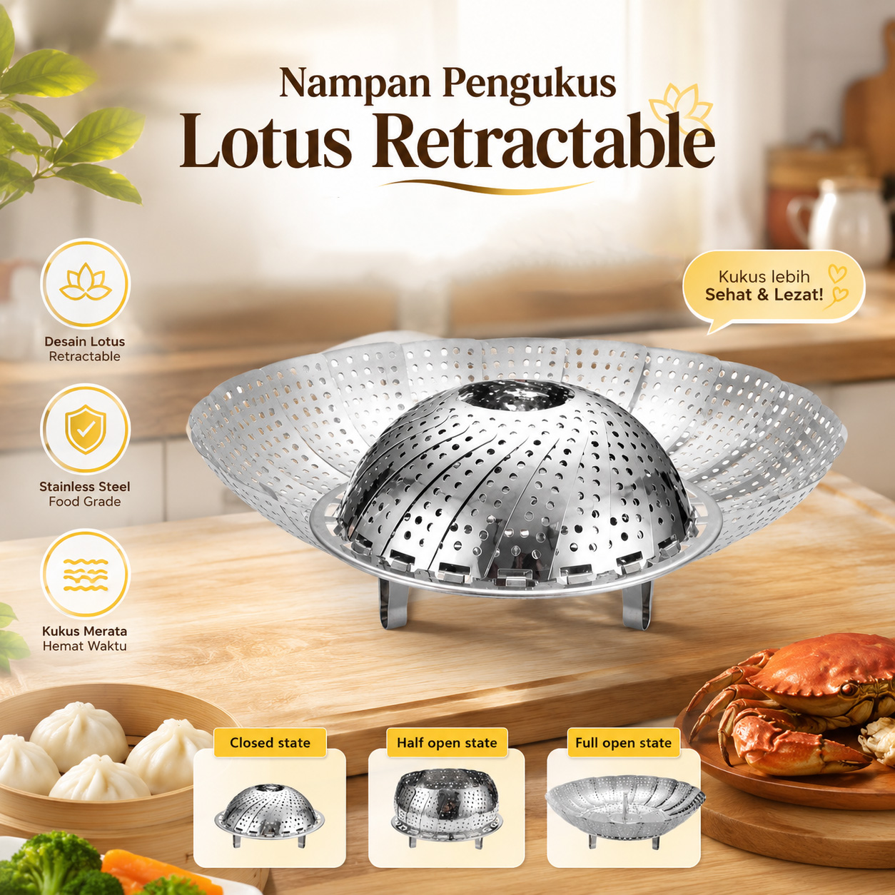 Nampan Pengukus Lipat Stainless – Cocok untuk Berbagai Ukuran Panci, Praktis & Hemat Tempat