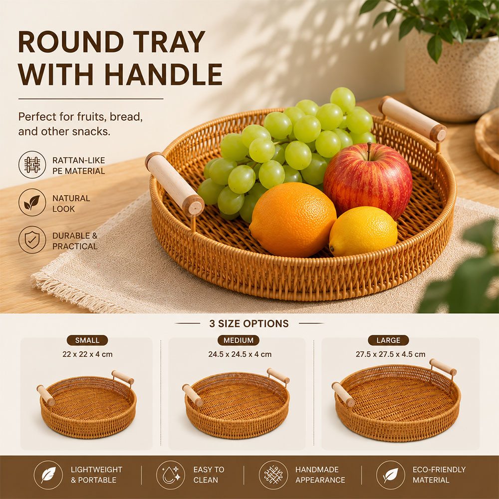 Nampan Rotan Bulat dengan Handle – Bikin Meja Makan Lebih Rapi & Cantik
